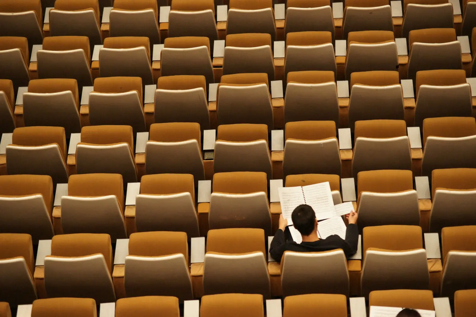 A student reading alone in a quiet, empty lecture hall